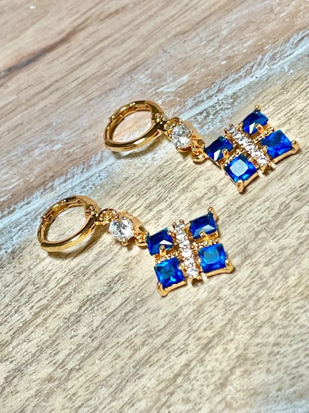 Gold-Tone Small Blue Crystal Dangle Earrings